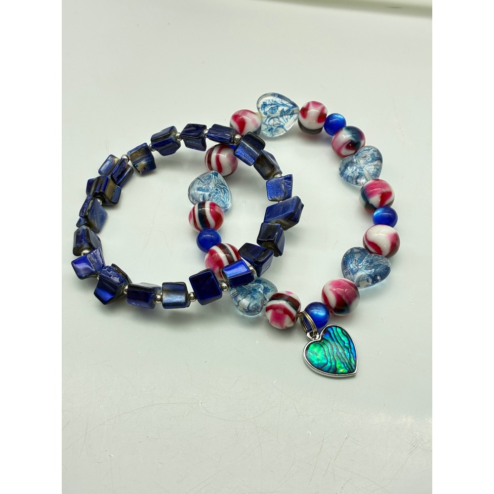 Stretch Bracelet Lot of 2 Blue Shell Square Bead and Lucite Heart Charm Boho